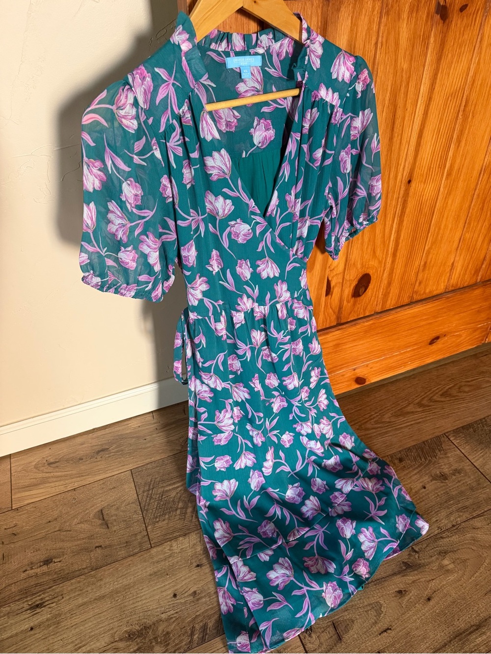 Draper James RSVP Floral Puff Sleeve midi Dress - XS - Green & Pink Tulip